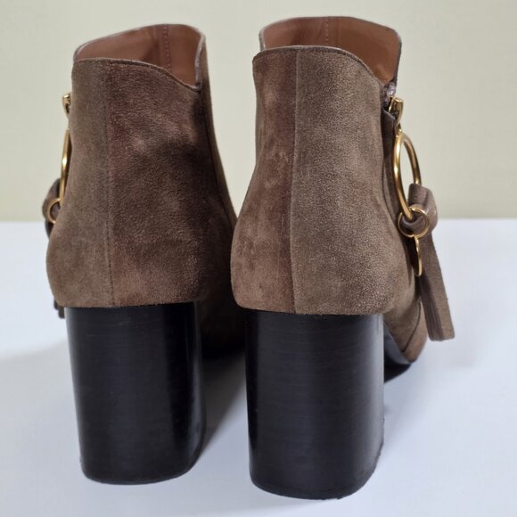 See By Chloe Brown Suede Ankle Booties US 8.5 EU 38.5 Spain Stacked Heel Elegant - Picture 3 of 16